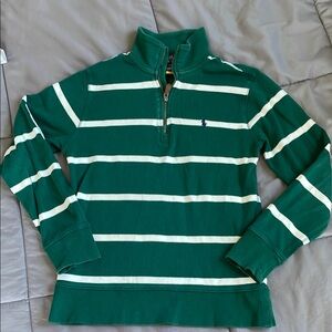 Boys Polo by Ralph Lauren Green and White Striped Quarter-Zip Sweater sz Medium